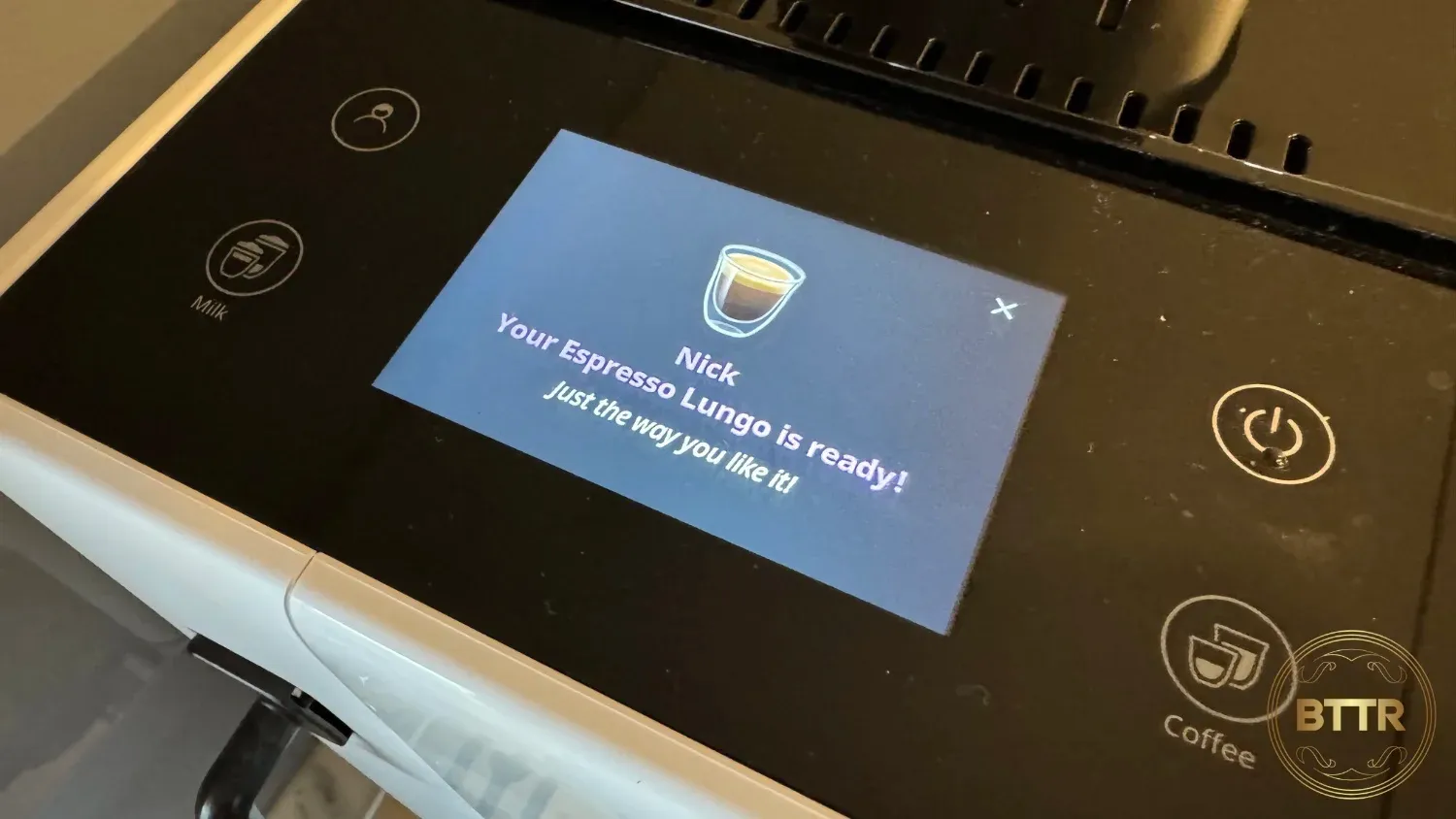 The control panel with the message it's made my coffee