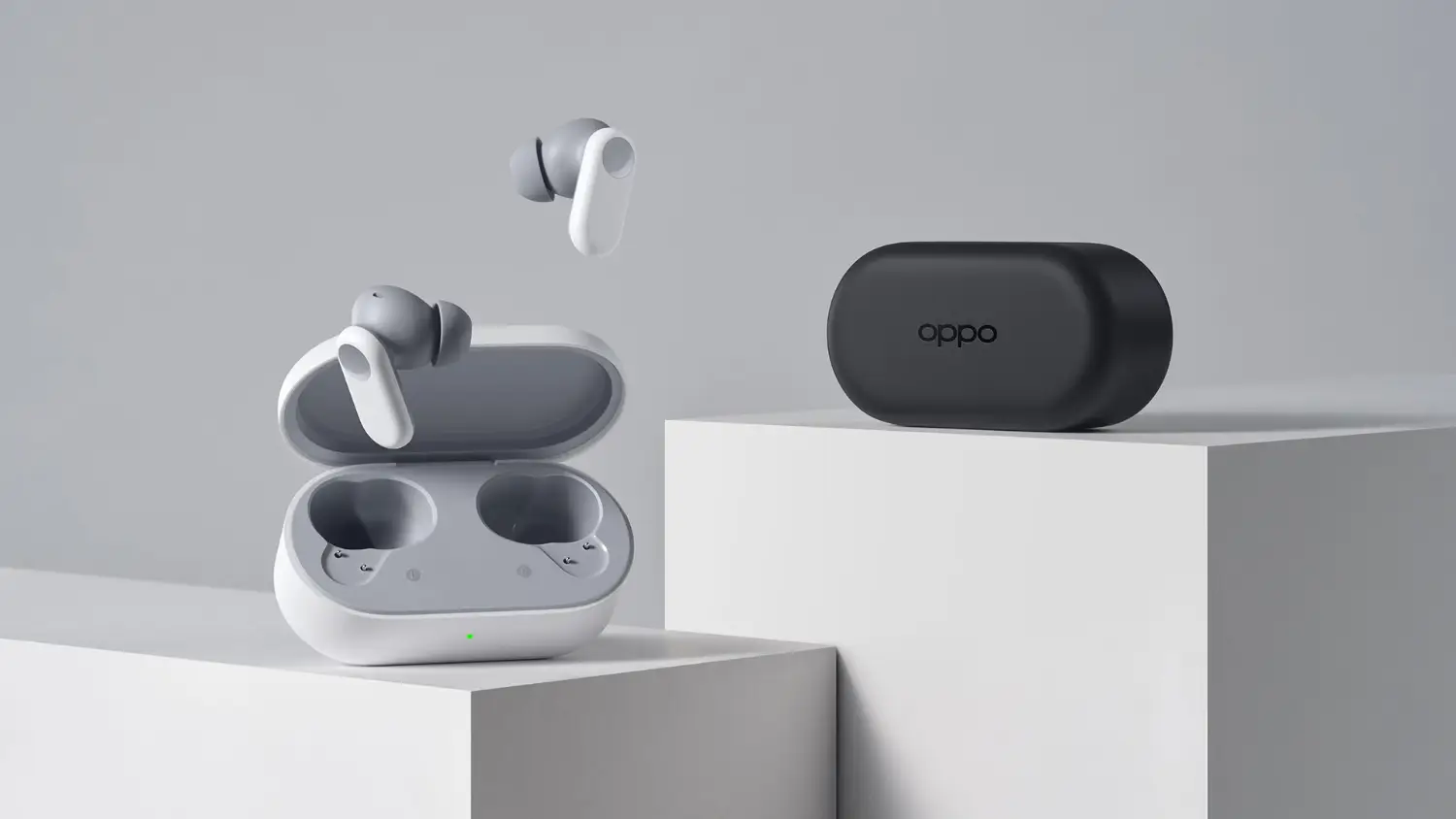 Oppo Enco Buds2 Pro in black and white on pedestals