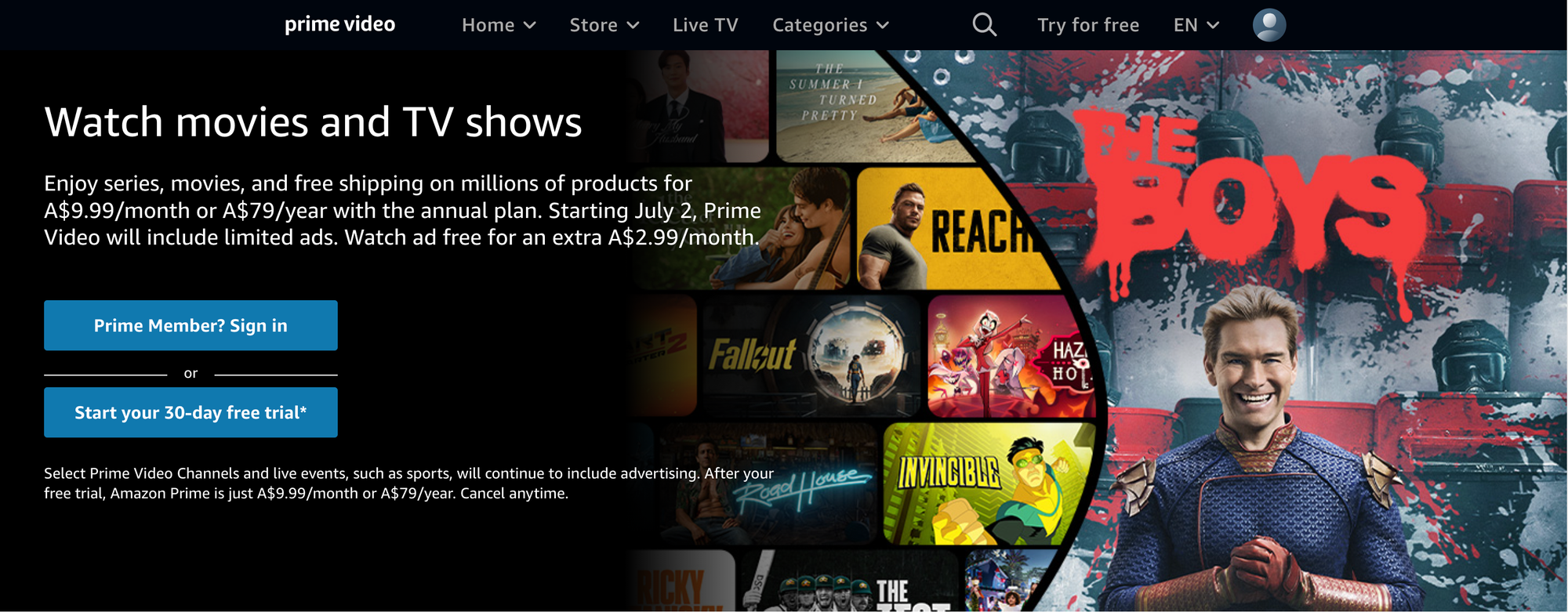 A screenshot of Amazon Prime Video's sign in page