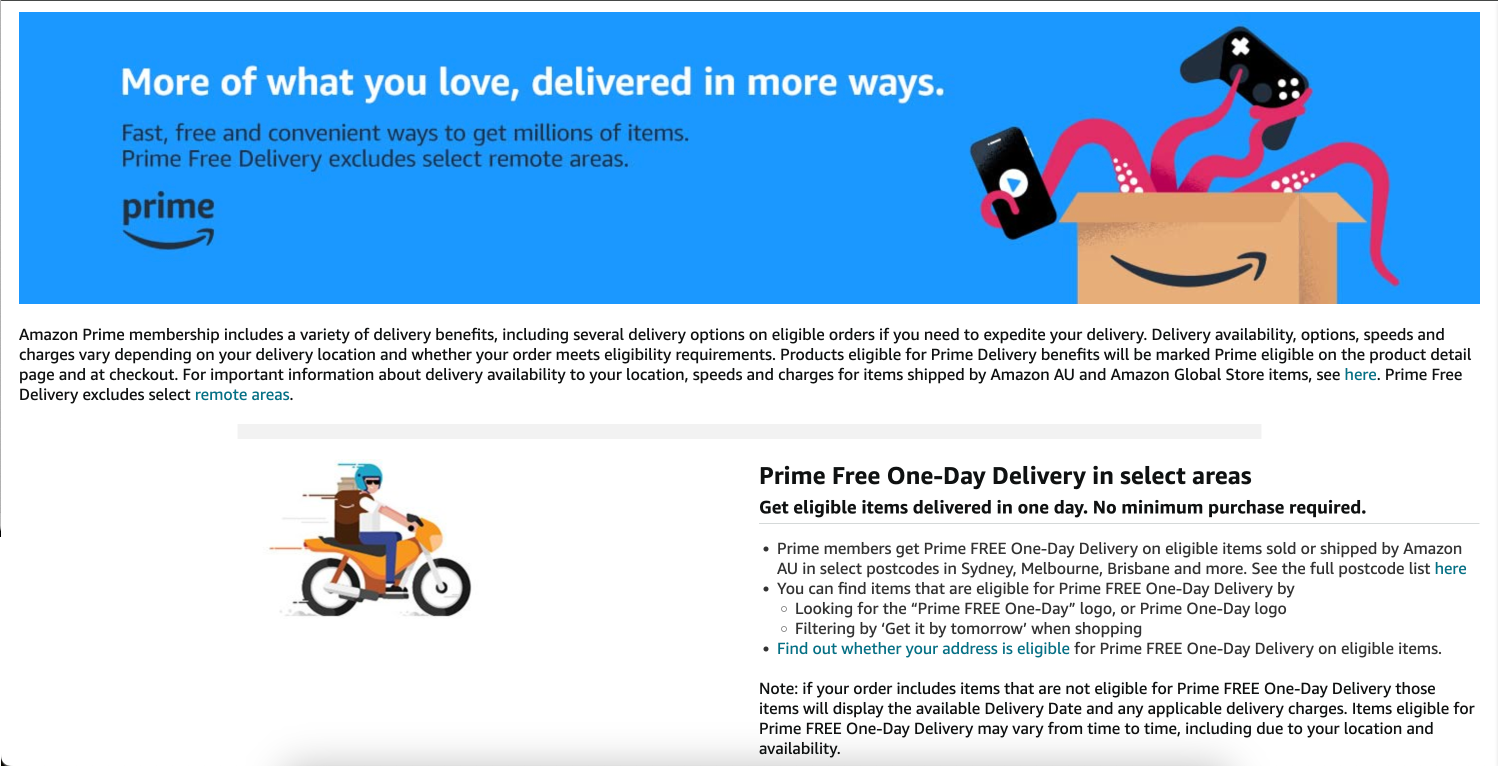 A screenshot outlining Amazon's one-day delivery