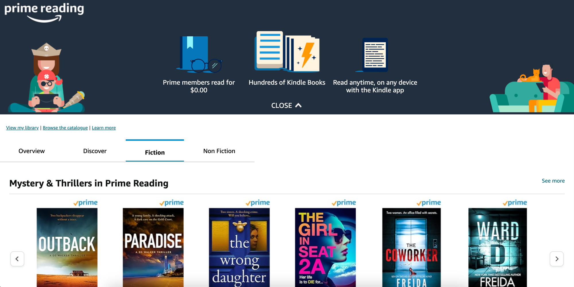 A screenshot of Amazon's Prime Reading portal