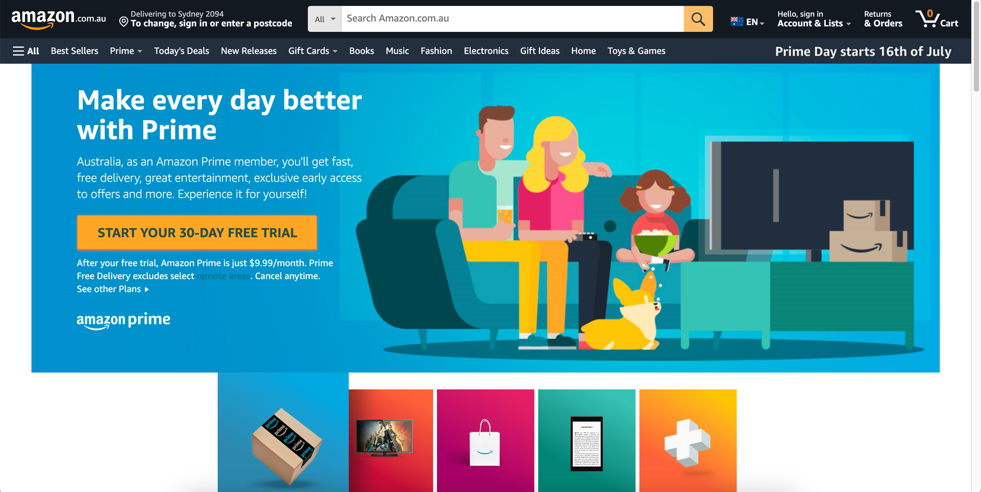 A screenshot of the Amazon Prime free trial landing page