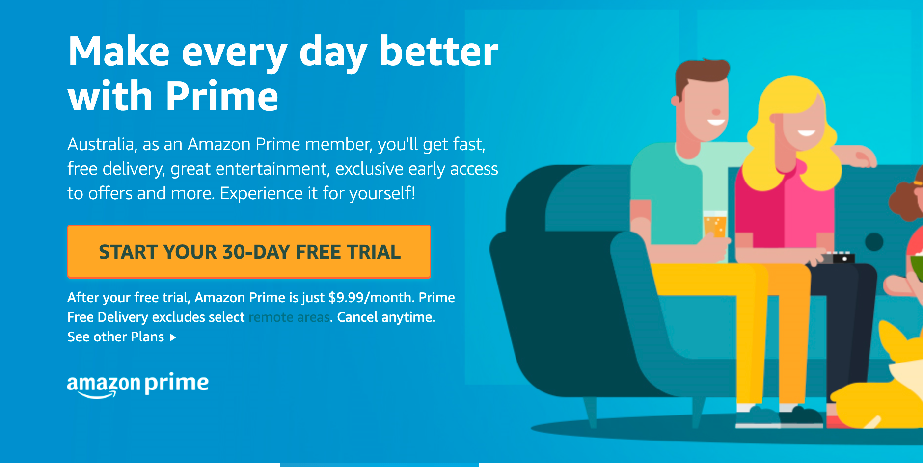 A zoomed in look at the Amazon Prime Free trial landing page, focused on the button that says to start the 30-day free trial.