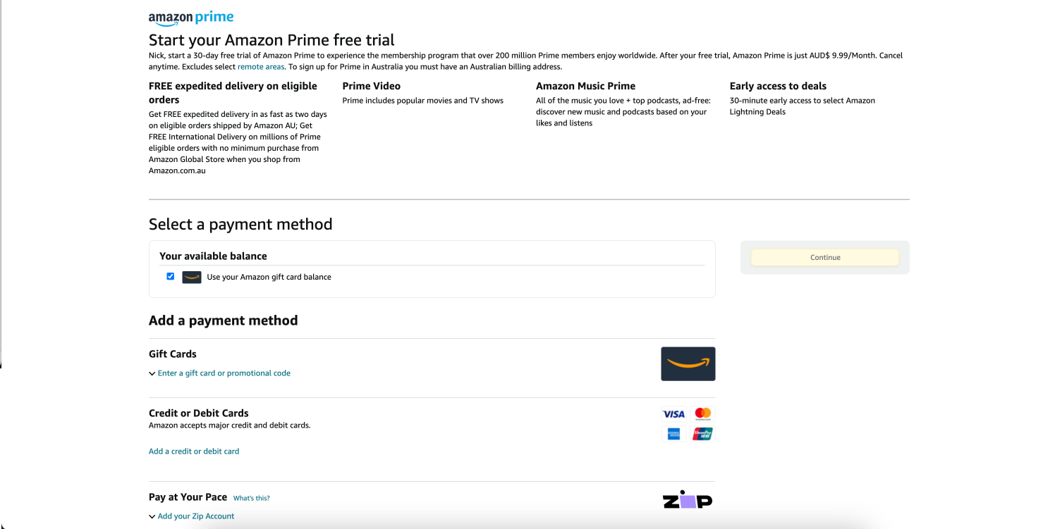 A screenshot of the payments page for Amazon's 30 day free trial.