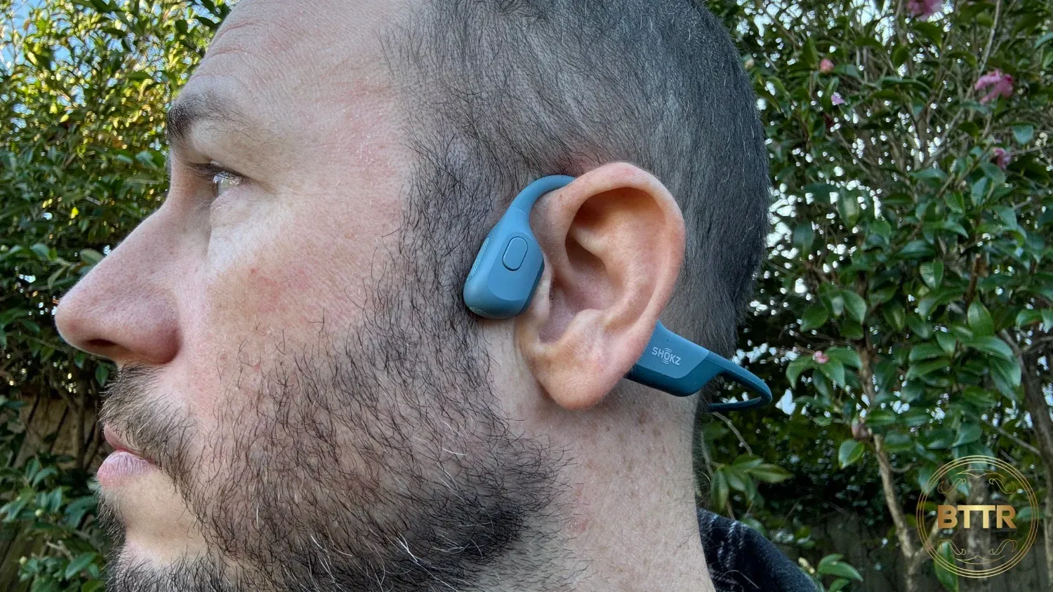 The Shokz OpenRun Pro, focused on the left ear