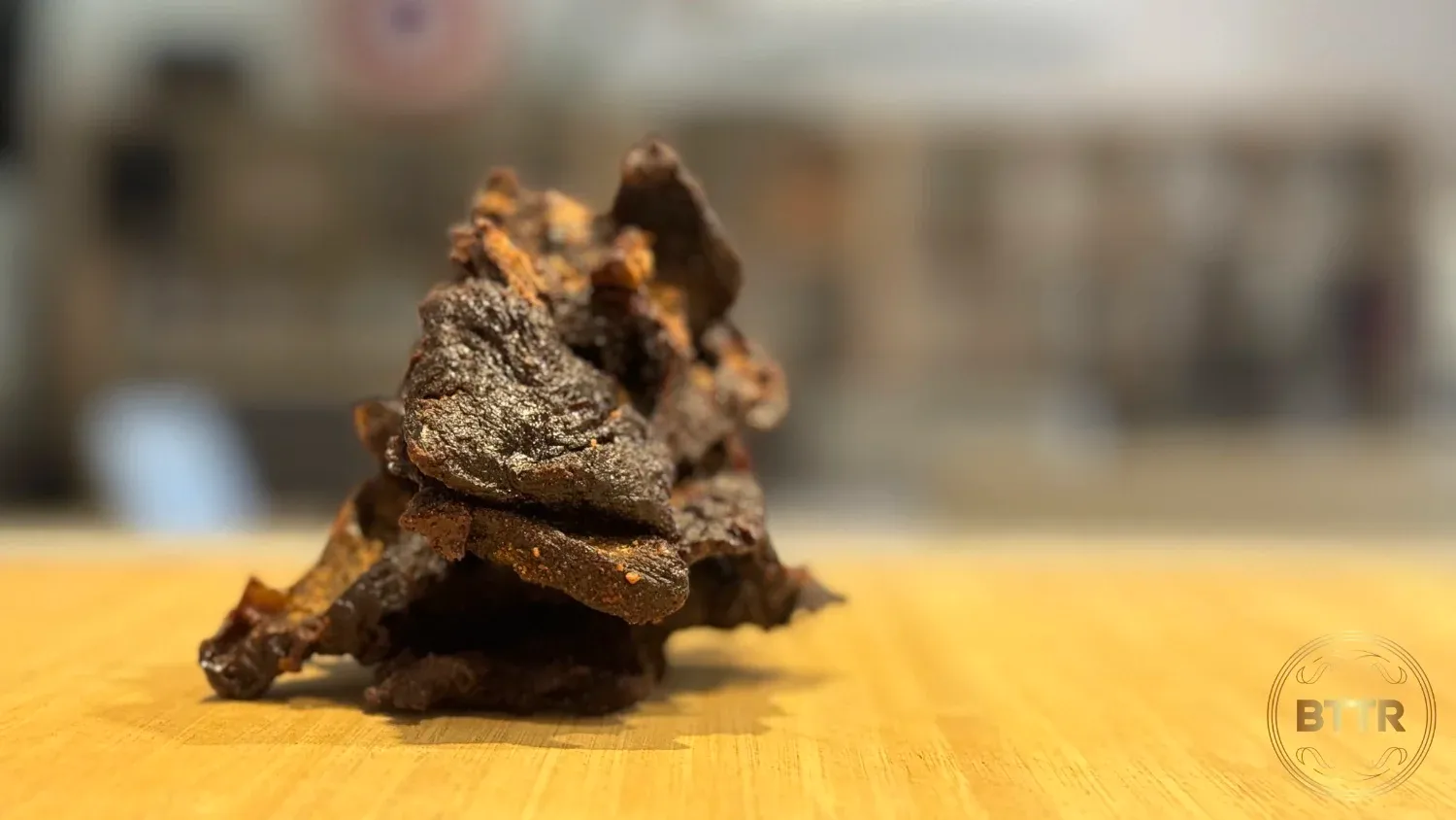 A stack of smoked beef jerky from the Ninja Woodfire