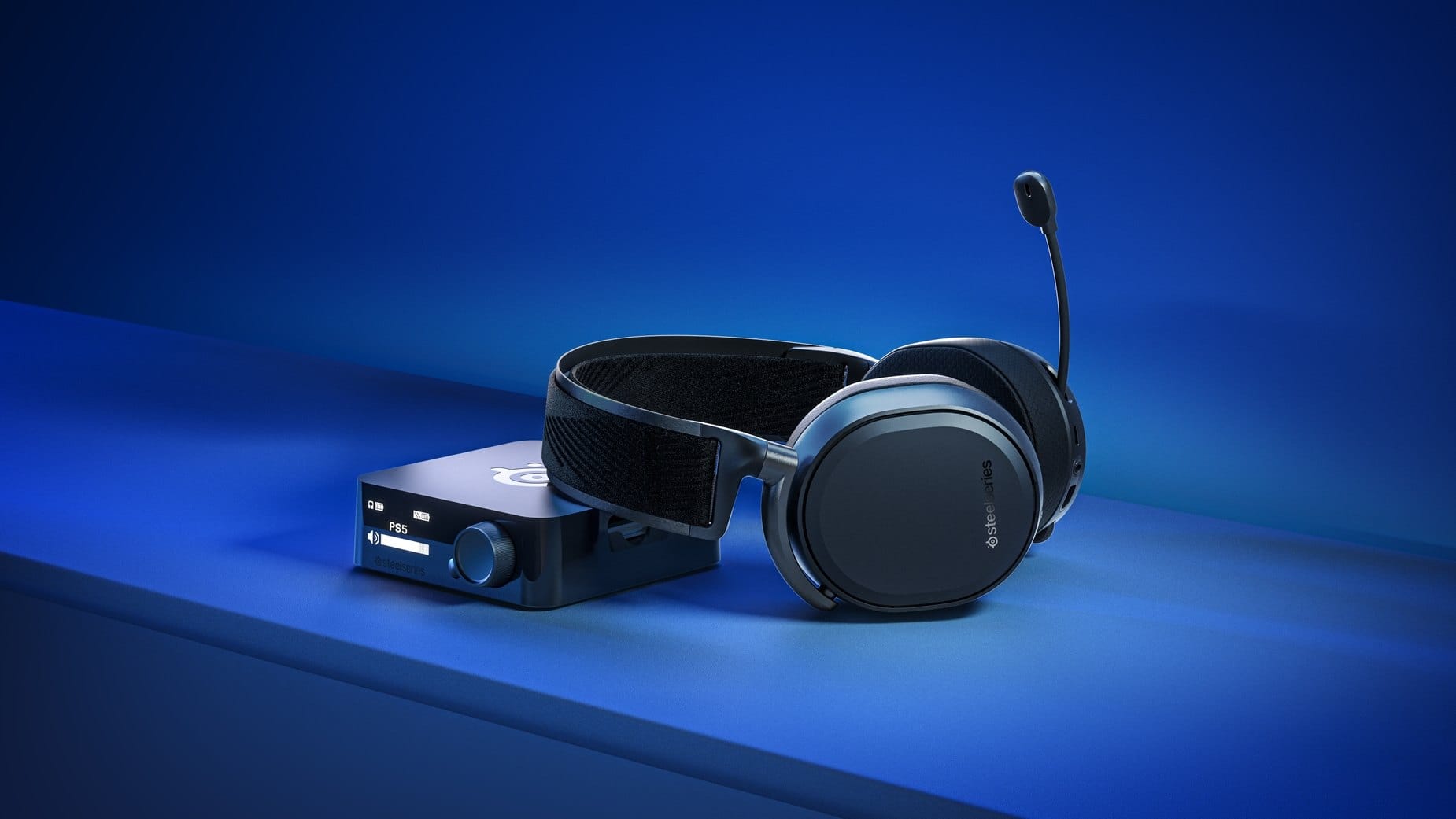 Steelseries Arctis Nova Pro wireless on a blue background