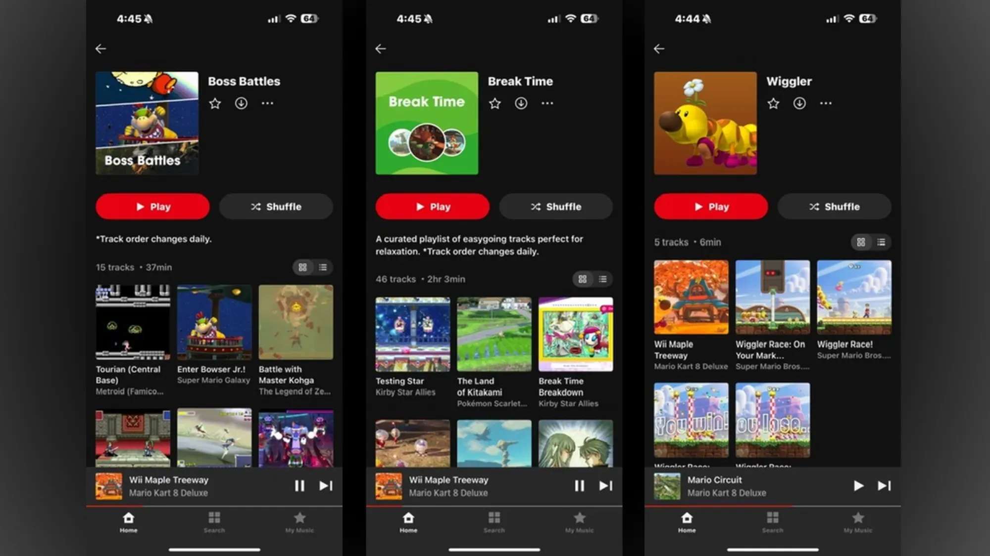 Screenshots from the Nintendo music app