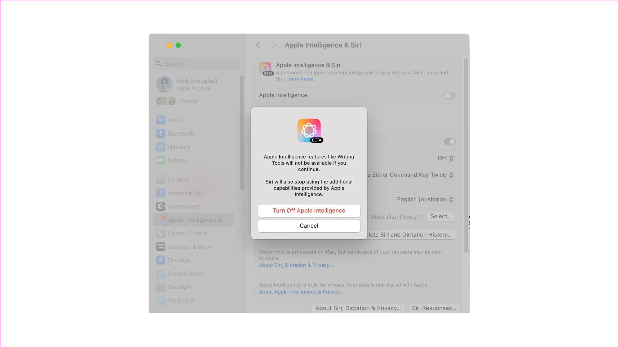 A screenshot of turning off Apple Intelligence on a Mac
