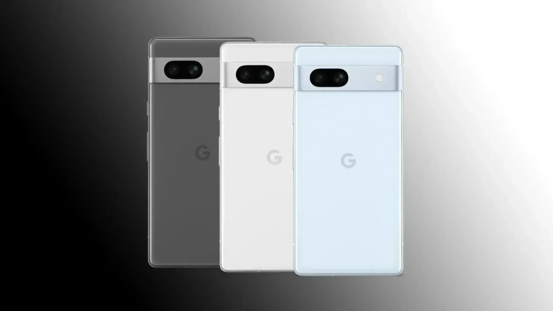 The Pixel 7a in three colours on a gradient background