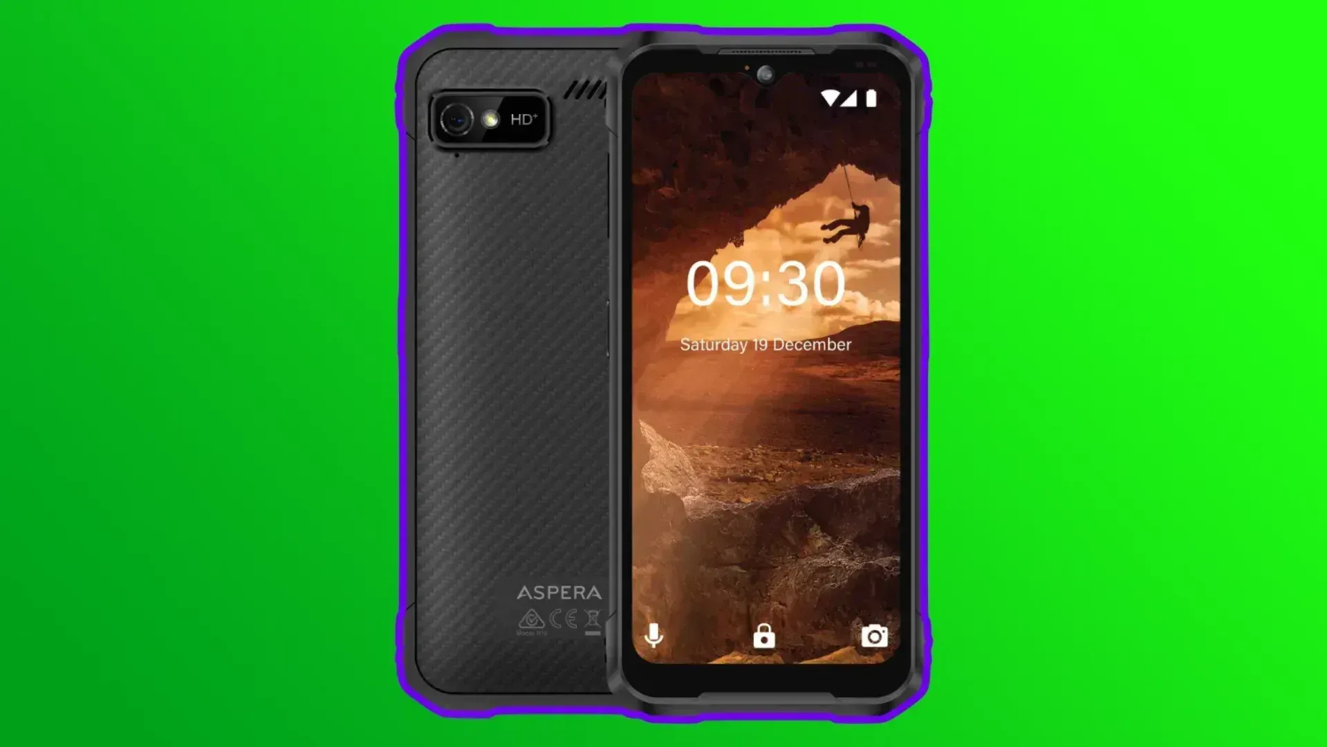 Aspera R10 rugged phone on a green background