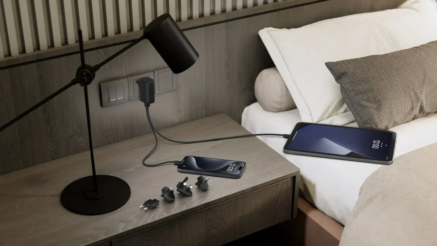 The Belkin Boostcharge Hybrid on a bedside table