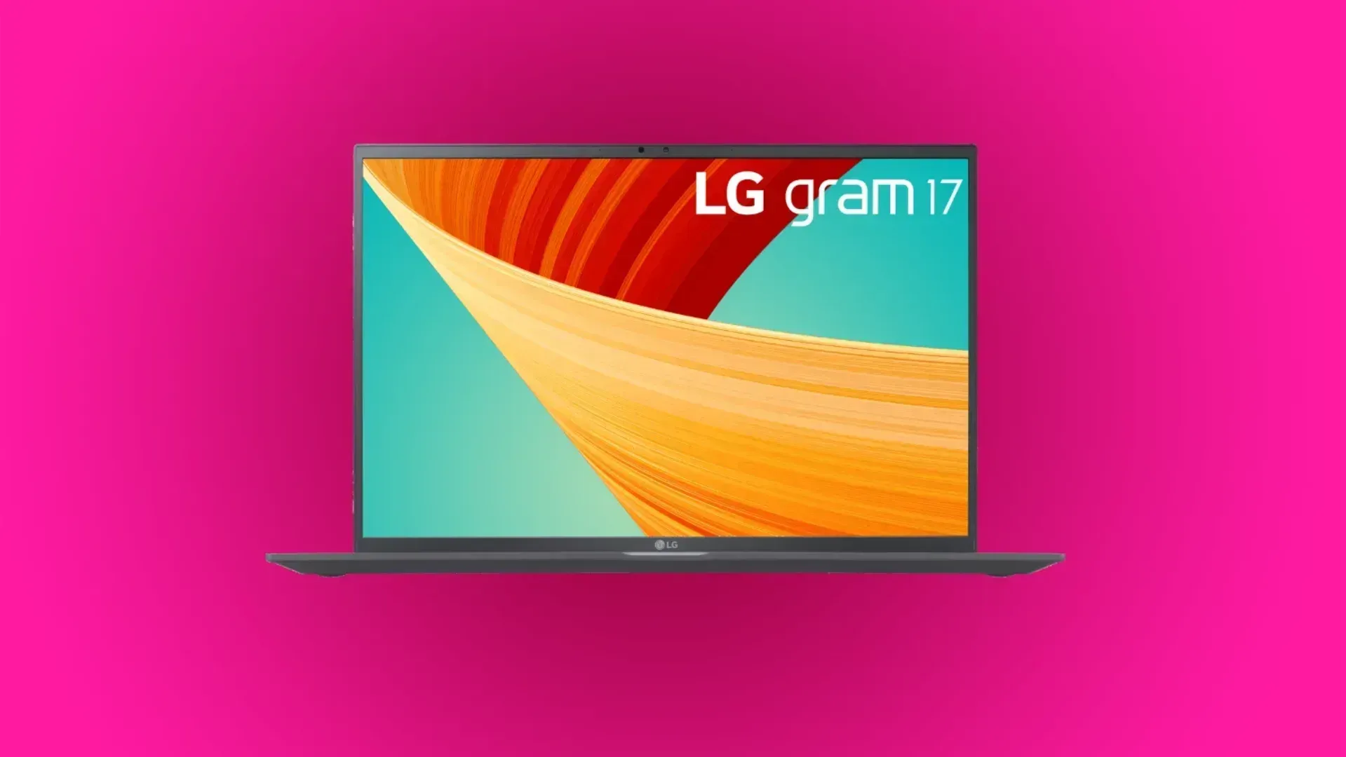 LG Gram laptop on a bright pink background