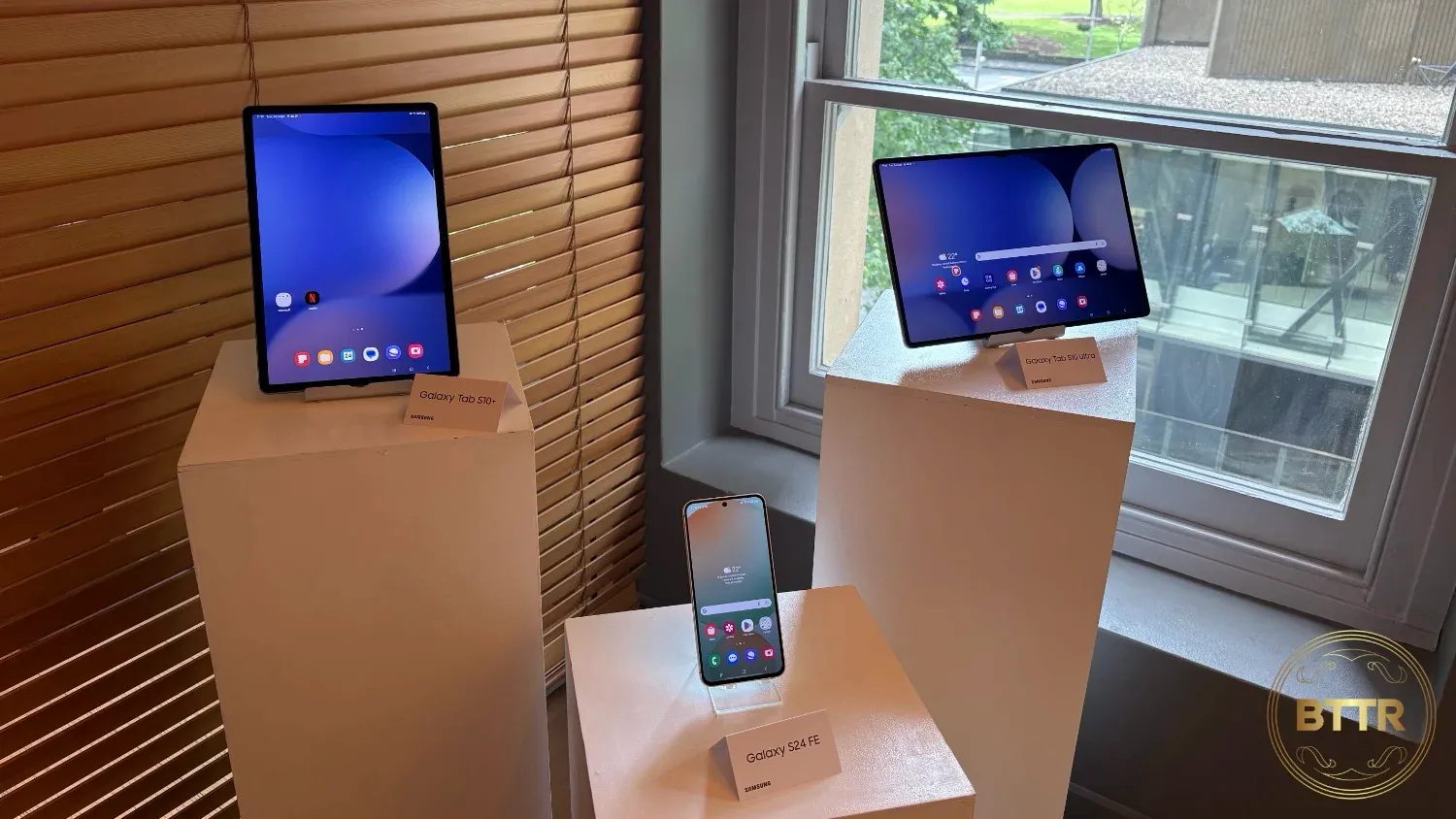 The New Samsung Galaxy devices on display on a range of pillars