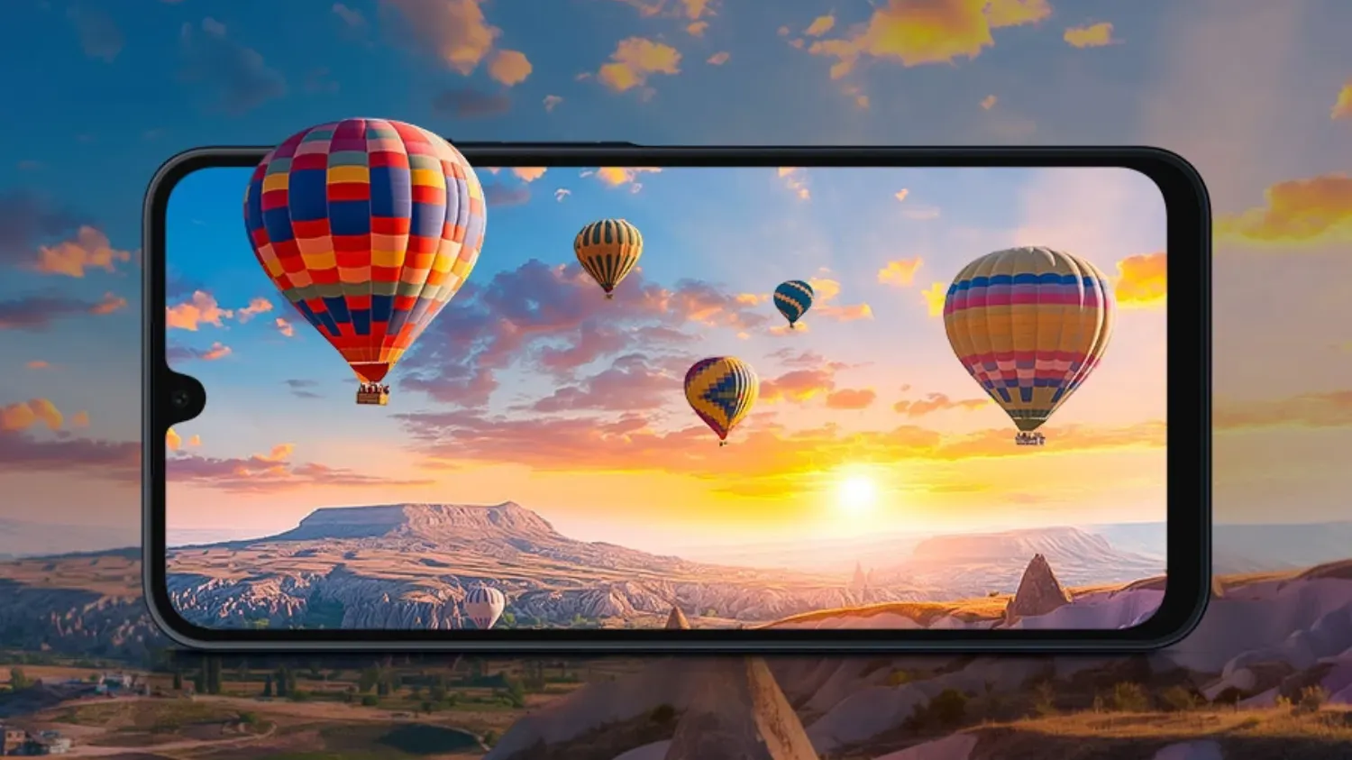 The Galaxy A16 with a stylised screenshot of hot air balloons coming out of the screen.