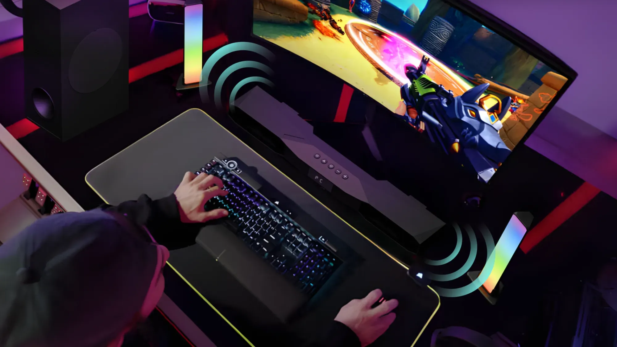 A stylised image of a man playing PC games using GTEK accessories.