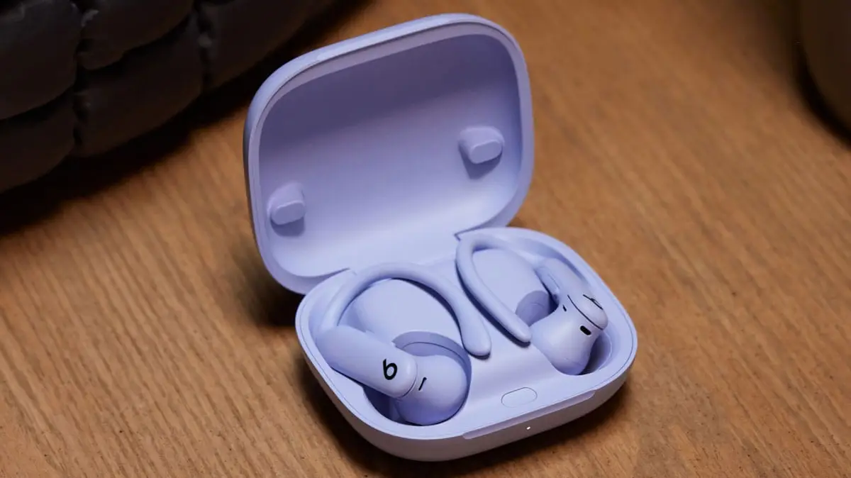 The violet Powerbeats Pro 2 in the case