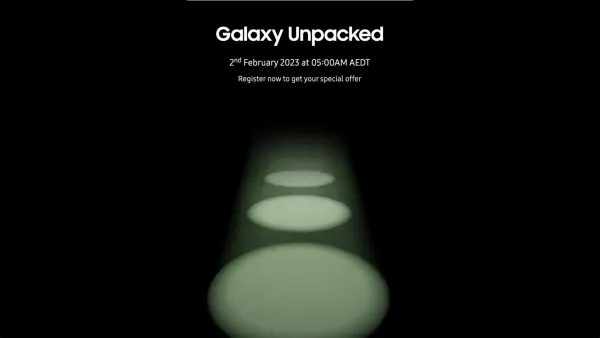 3 spotlights leading the way highlighting the camera array of the upcoming Galaxy S23 phones