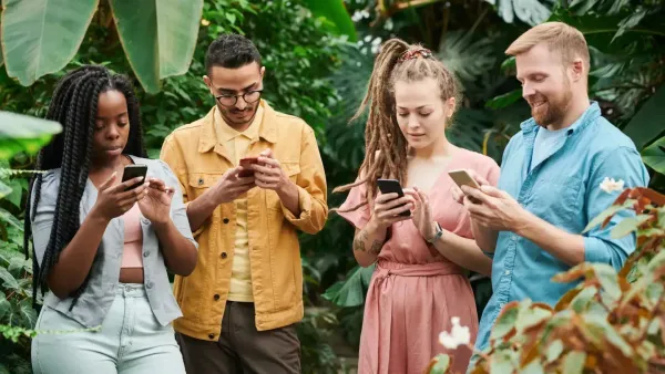 A group of young people in a garden looking at their phones