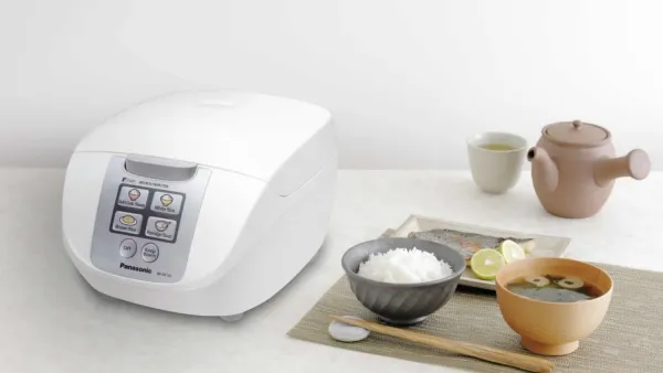 A Panasonic rice cooker next to a tray of prepared rice and fish