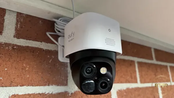 Eufy S340 solocam mounted on a brick wall