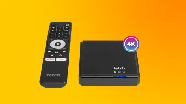 The Fetch Mini G5 and remote on a gradient background