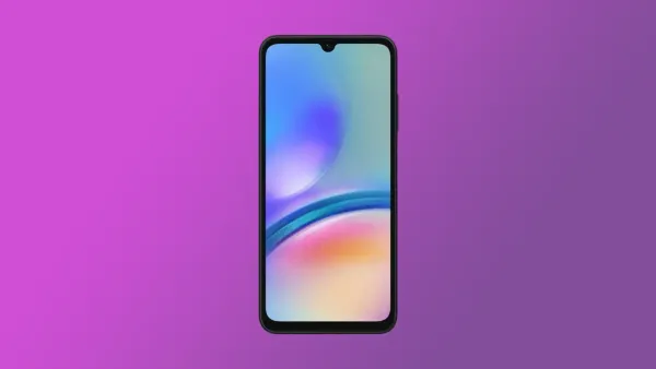 The Galaxy A05s on a purple gradient background