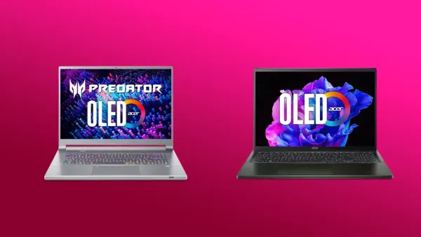 Acer Computex laptops on a pink gradient background