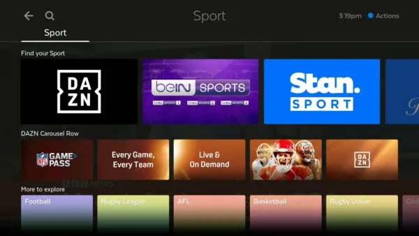 A screenshot of the sports section on the Fetch TV showing DAZN