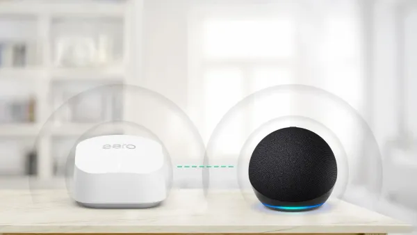 A stylised image of an eero router and an echo speaker.