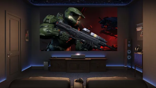 The Hisense PX3 projecting Master Chief on a wall