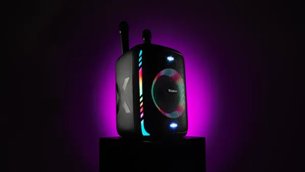 The BleAnt X5i lit up on a pedestal with a pink backlight