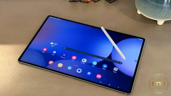 The Samsung Galaxy Tab S10 on a bench with the S-Pen on the screen