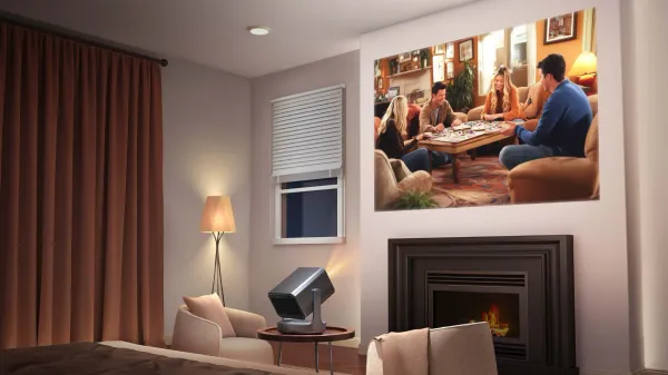 The Hisense C2 Ultra laser projector beaming an image above a fireplace