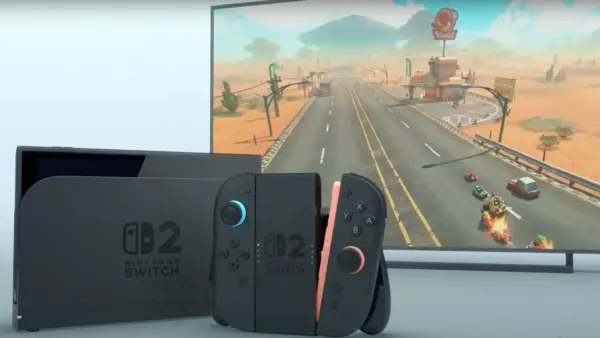 The new Switch 2 in front of a screen showing a new Mario Kart game