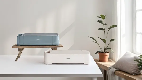 The new Cricut Maker 4 and Explore 4 on a white table with a plant in the background