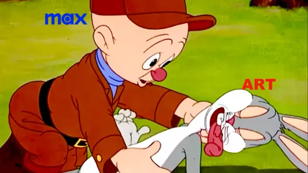 A scene from an iconic Looney Tunes episode with Elmer Fudd holding a "dying" Bugs Bunny, with Max's logo over Elmer Fudd, and "Art" written over Bugs.