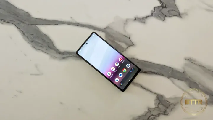 The Google Pixel 6a on a marble benchtop